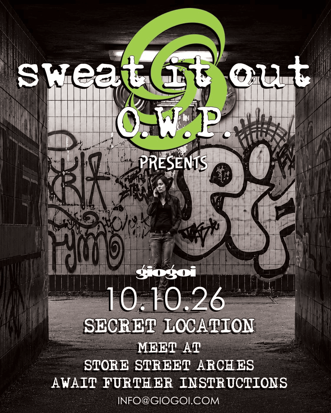 Sweat It Out - O.W.P. (Original Warehouse Pioneers) event poster: a figure on the phone in a graffiti-covered tiled underpass. Acid house, live at Diecast, Manchester, Saturday 10 October 2026.