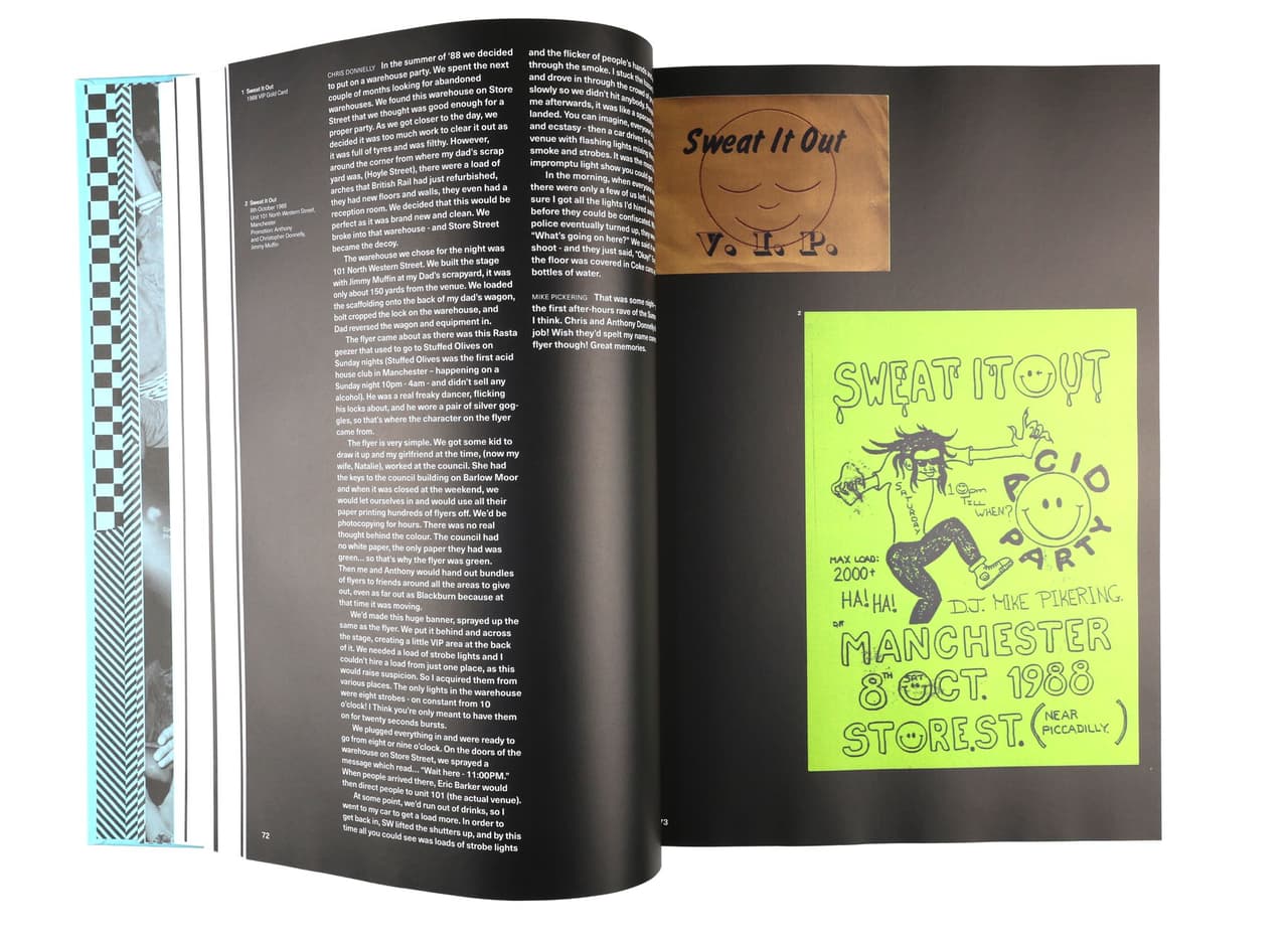 A book spread documenting Sweat It Out, with Chris Donnelly's first-hand account, the green 1988 flyer and a 'Sweat It Out V.I.P.' pass.