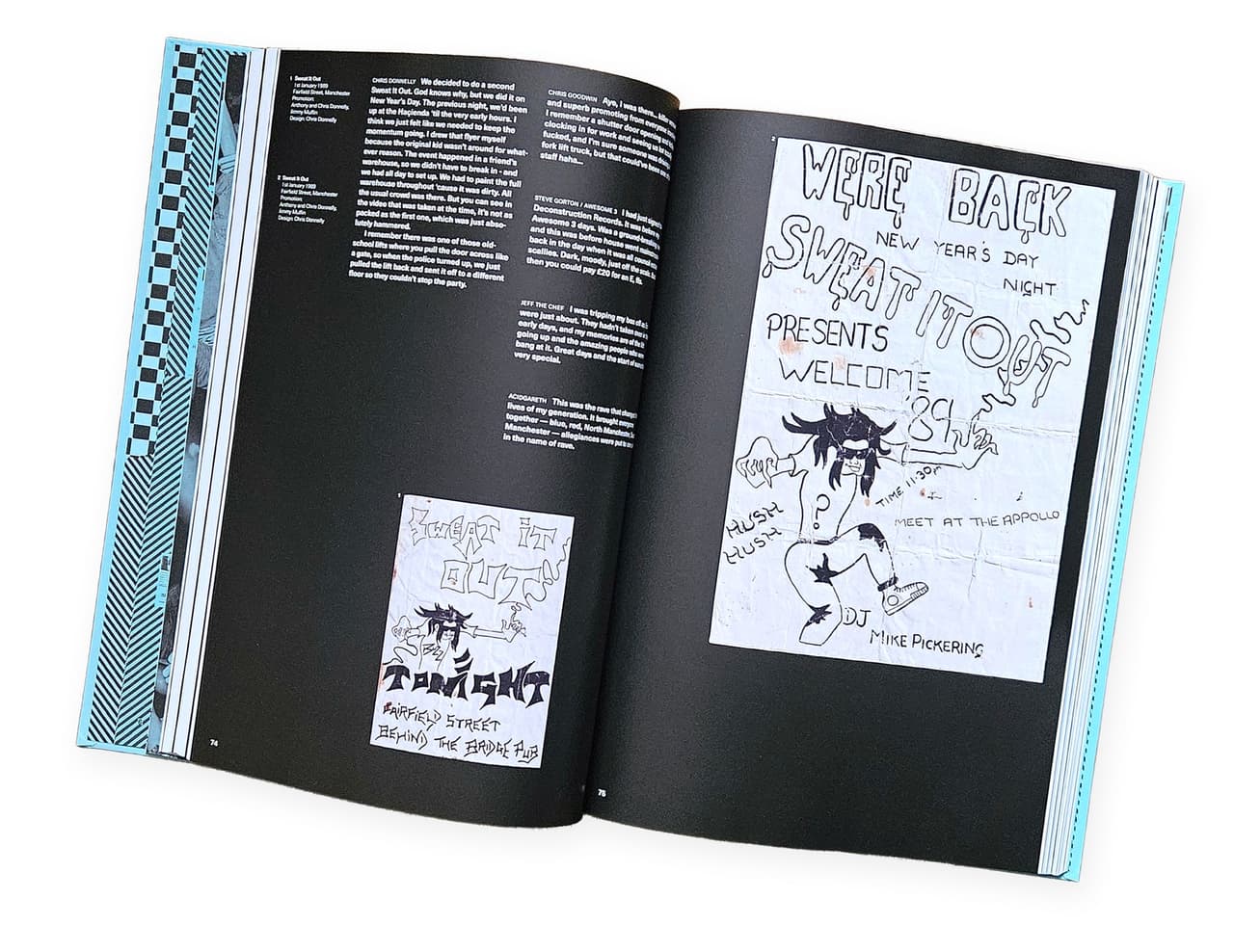 A book spread showing more original Sweat It Out flyers, including a 'We're Back - New Year's Day' flyer with DJ Mike Pickering.